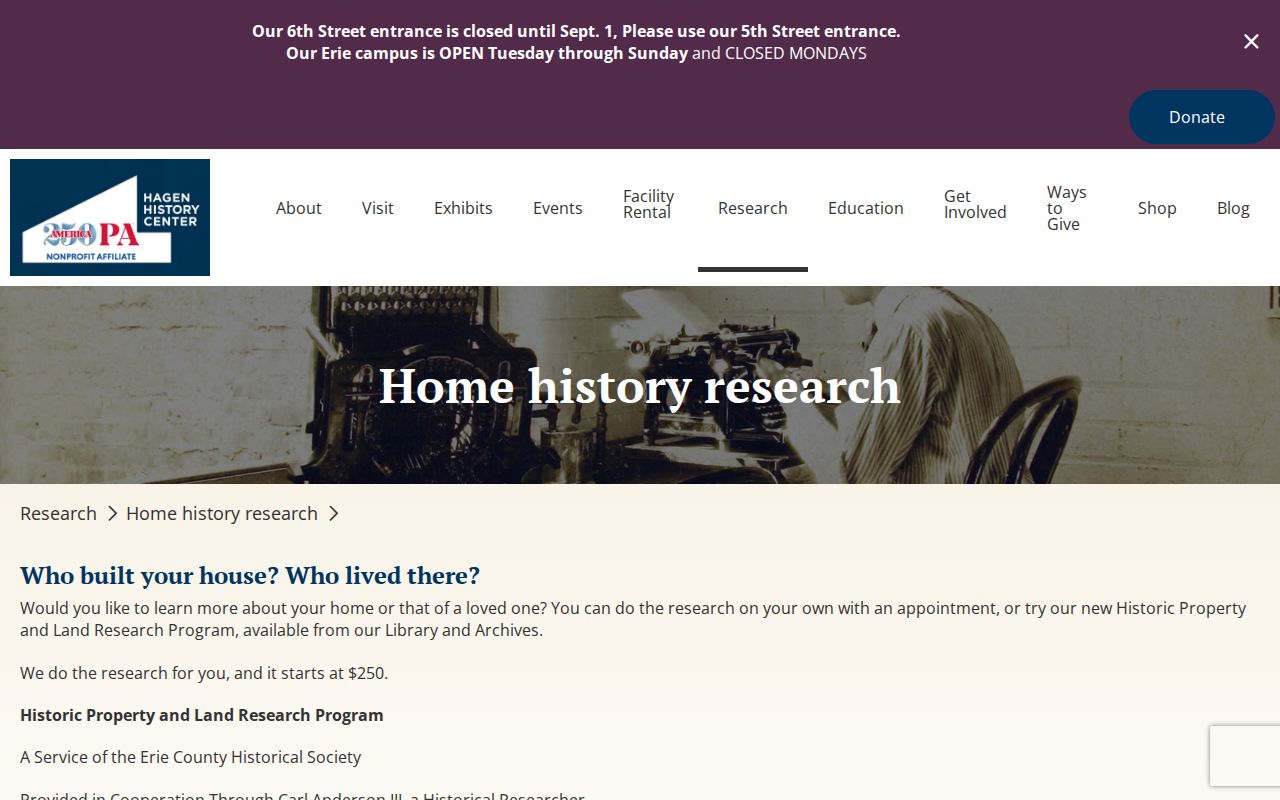 Erie city directory research at Hagen History Center home-history service