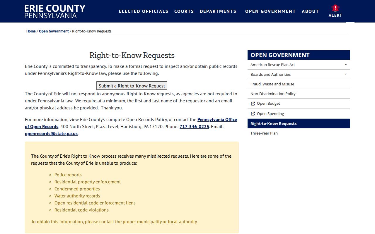Erie residents directory Right-to-Know request routing