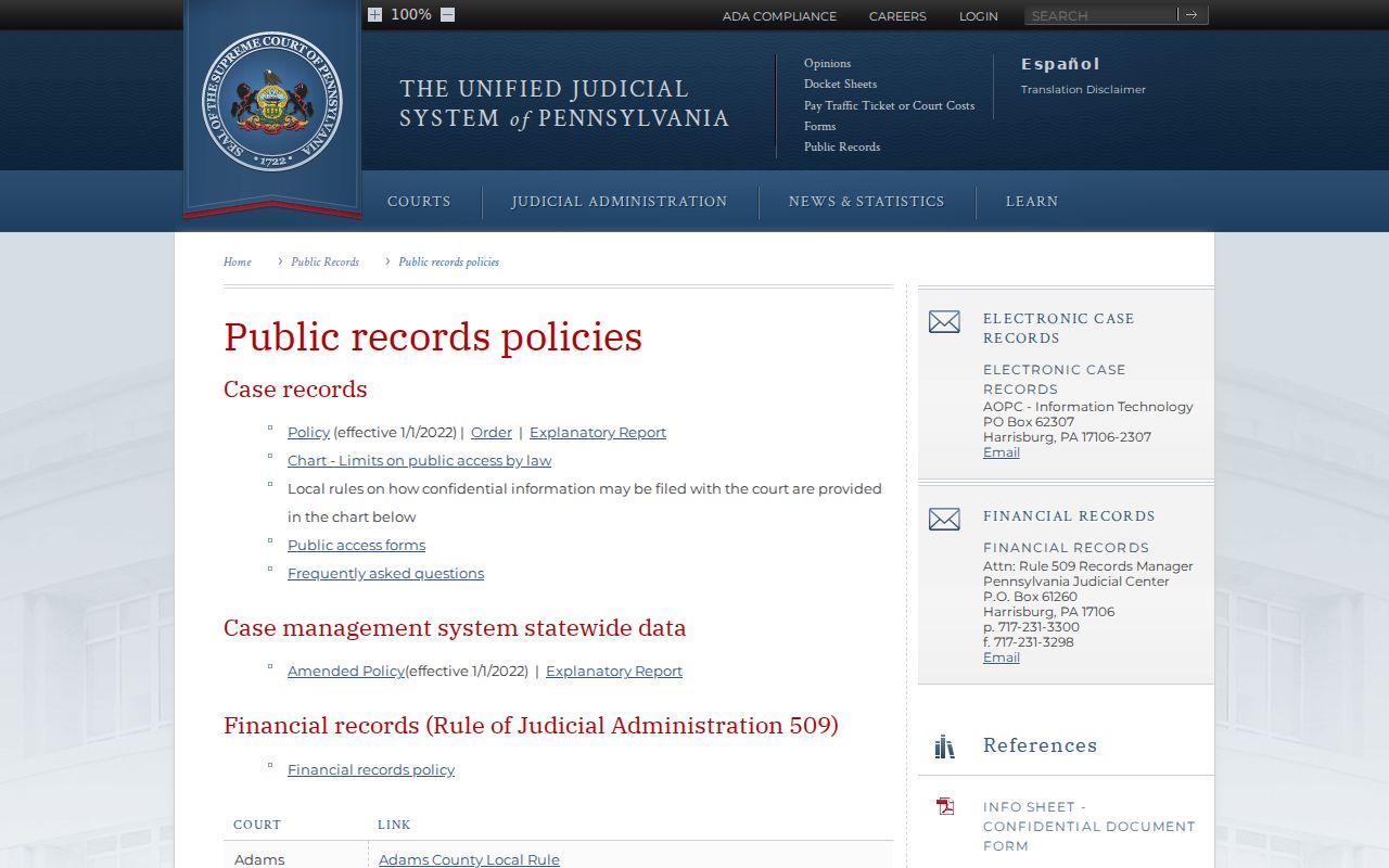Erie residents directory Pennsylvania judicial public records policy