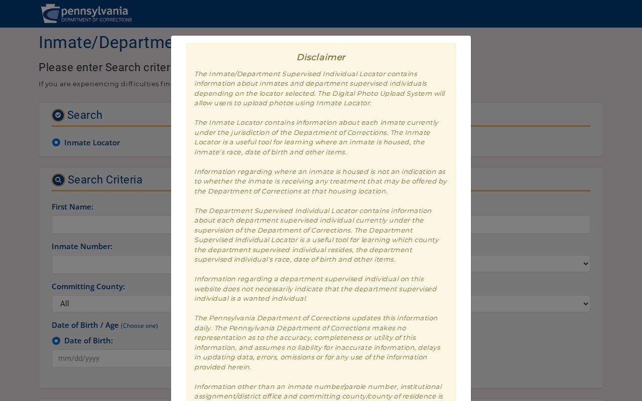 Erie resident lookup Pennsylvania Department of Corrections locator entry page