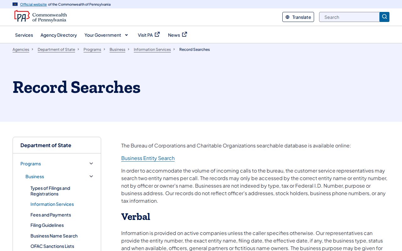 Erie ZIP code directory source boundary on Pennsylvania business record search page
